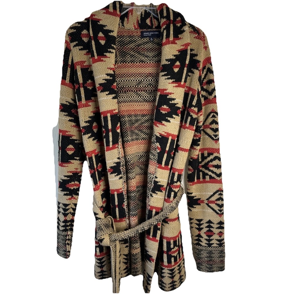 Jones New York Signature Southwestern Tan Red & Black Sweater Coat Women - Picture 5 of 7